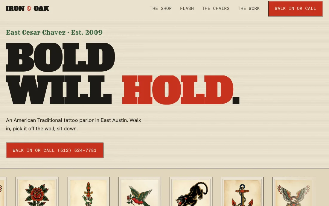 Iron and Oak, American traditional tattoo parlor site