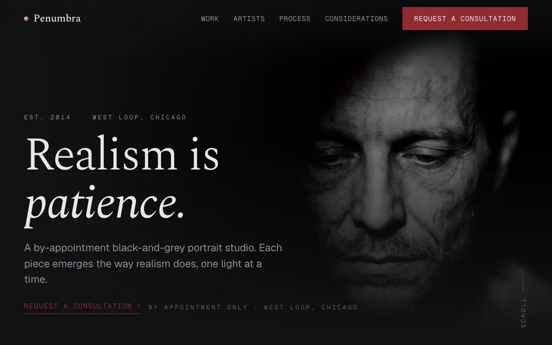 Penumbra, black-and-grey realism tattoo studio site