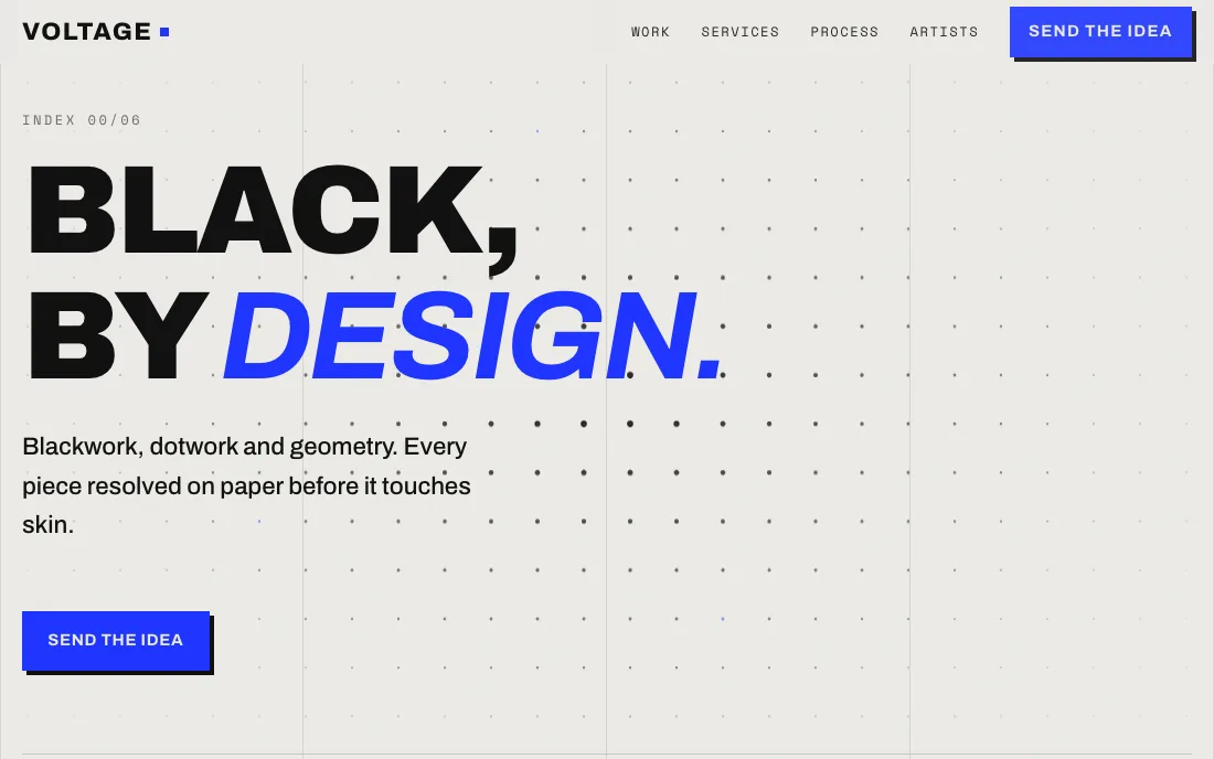 Voltage, blackwork and geometry tattoo studio site