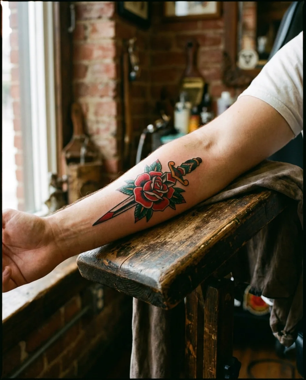 A healed traditional rose and dagger tattoo on a forearm