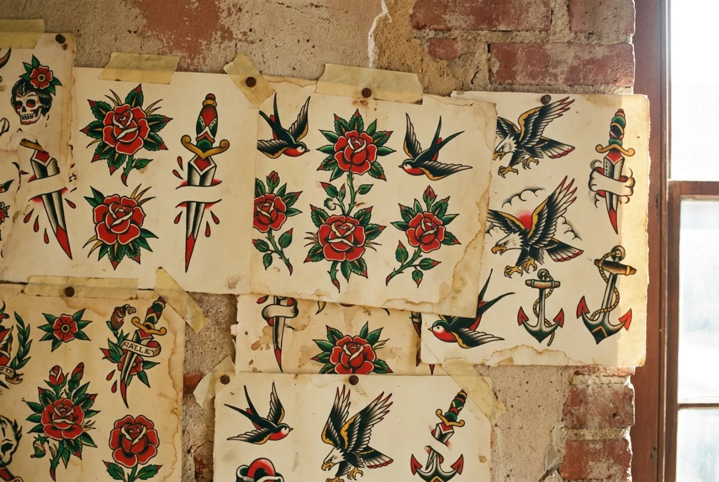 A wall of traditional flash sheets taped to brick