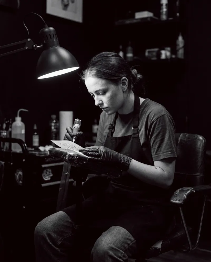 Portrait of Lena Sokolov examining a fine-line stencil.