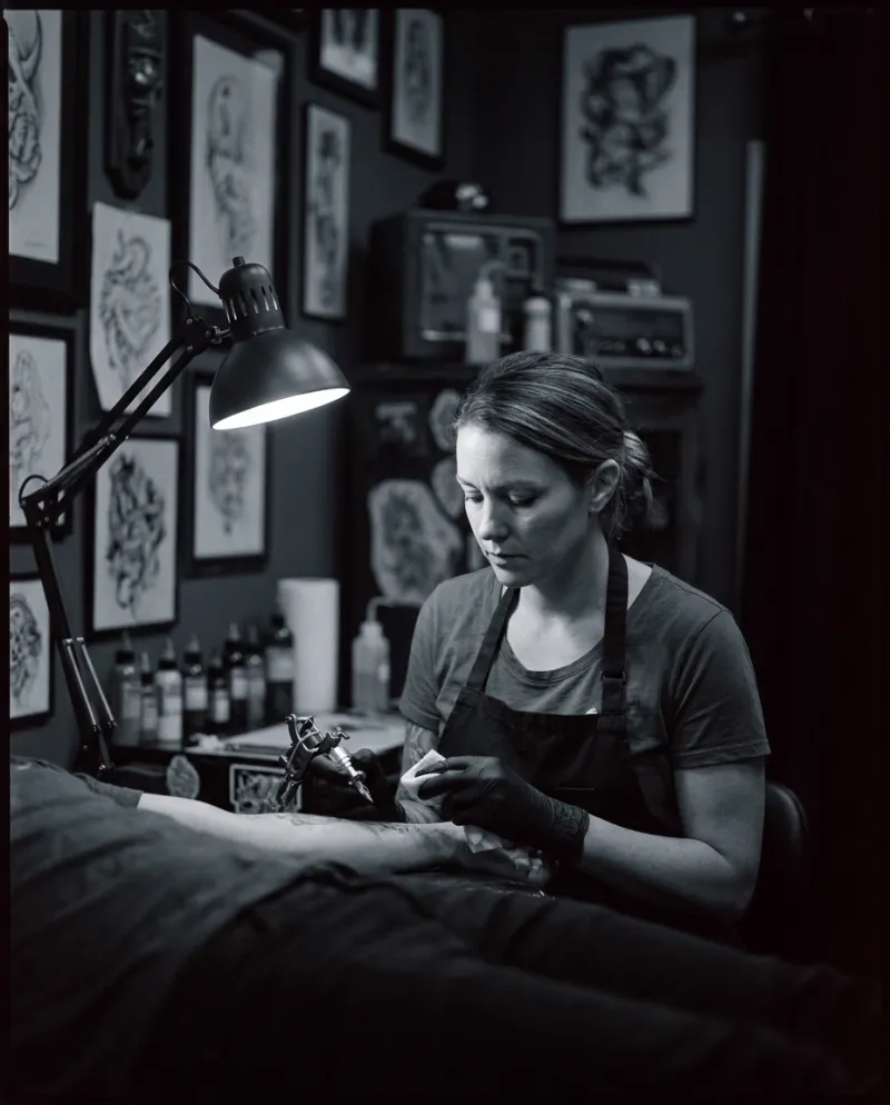 Portrait of Mara Vance at work in a dim studio.