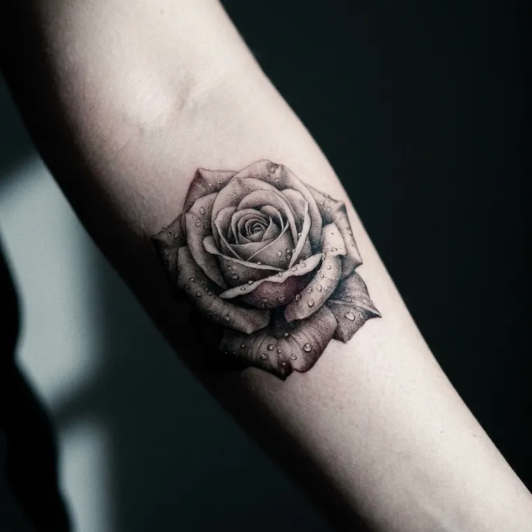 A fine micro-realism black-and-grey tattoo of a single rose with water droplets on an inner forearm.