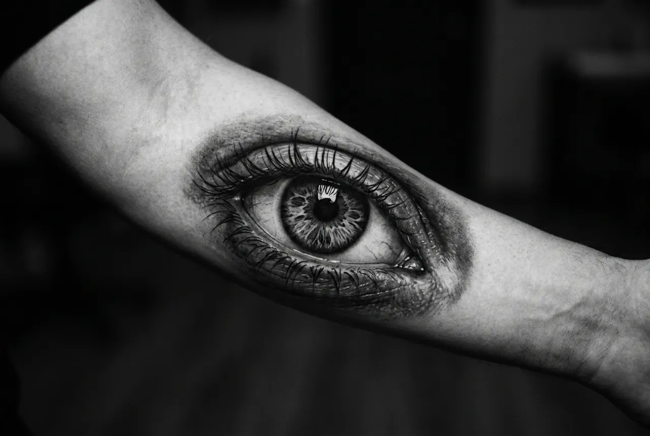 An ultra-detailed black-and-grey realism tattoo of a single human eye on a forearm.