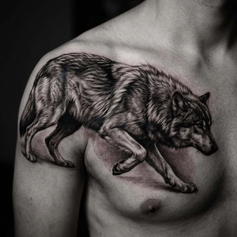 A black-and-grey realism tattoo of a wolf in mid-prowl across a shoulder and chest.