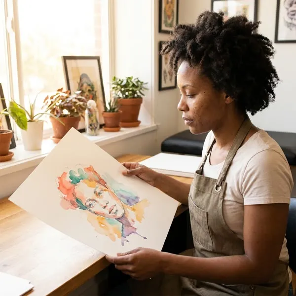 June Okafor reviewing a color portrait sketch