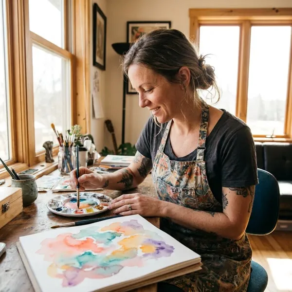 Marisol Vega mixing watercolor at her studio desk