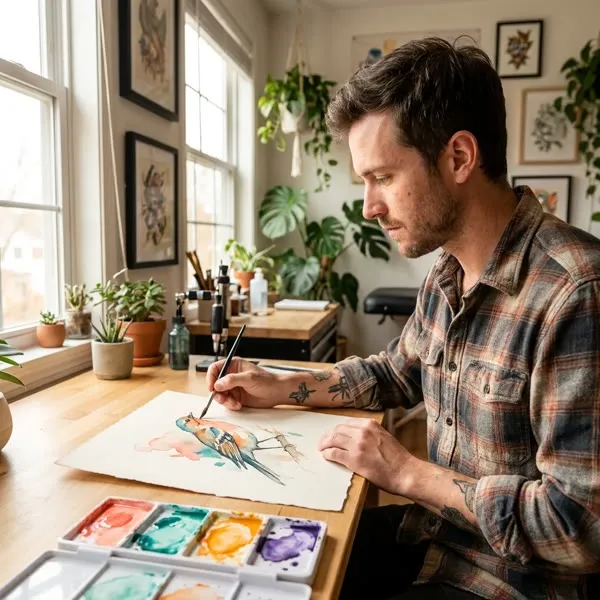 Theo Nakamura sketching a songbird illustration