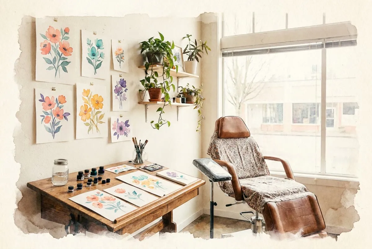 The sunlit Pigment studio on SE Division with watercolor sketches pinned to the wall
