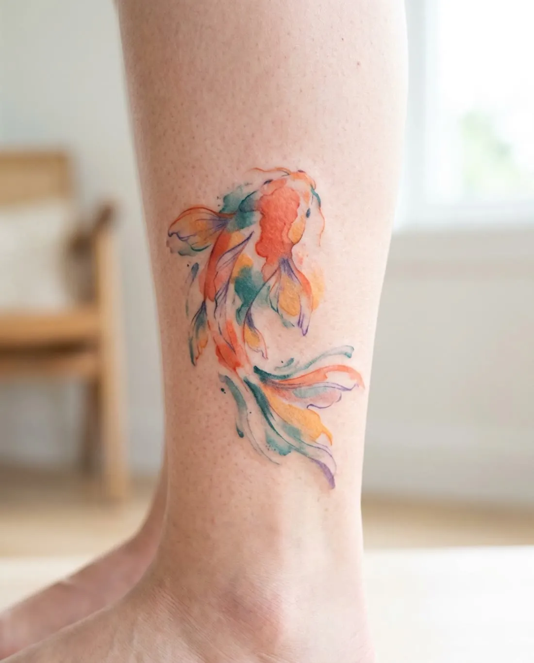 Watercolor koi tattoo in coral and teal on a calf