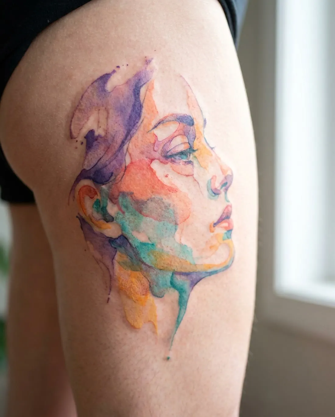 Figurative watercolor portrait tattoo in violet and coral
