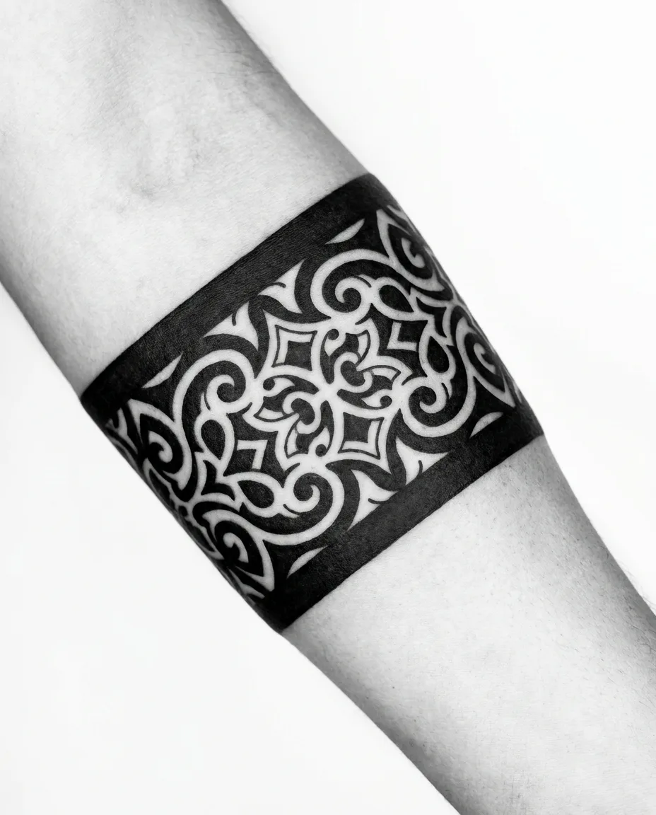 Ornamental blackwork band, a negative-space pattern cut into solid black ink