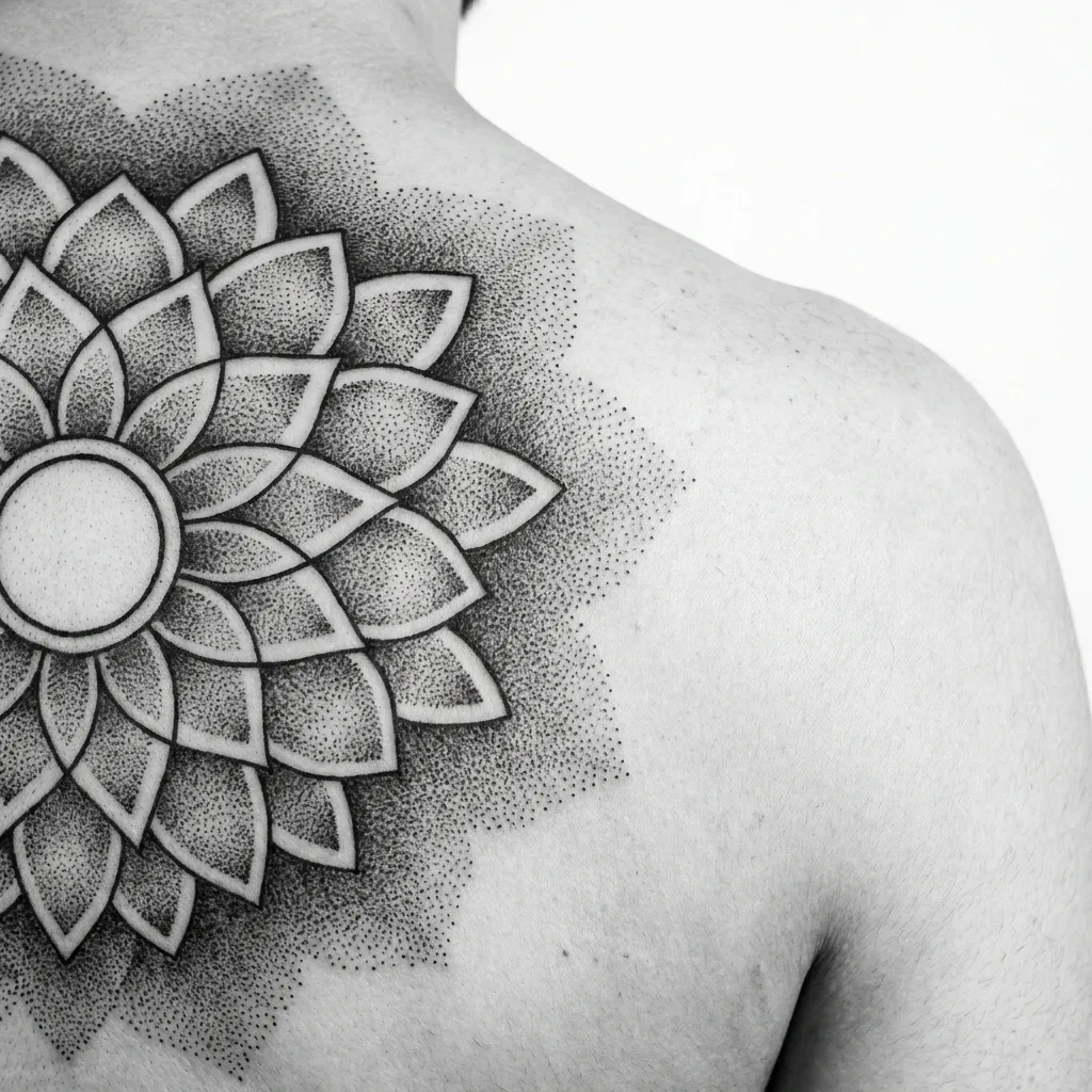 Dotwork mandala healed on a shoulder, built entirely from fine stippled dots