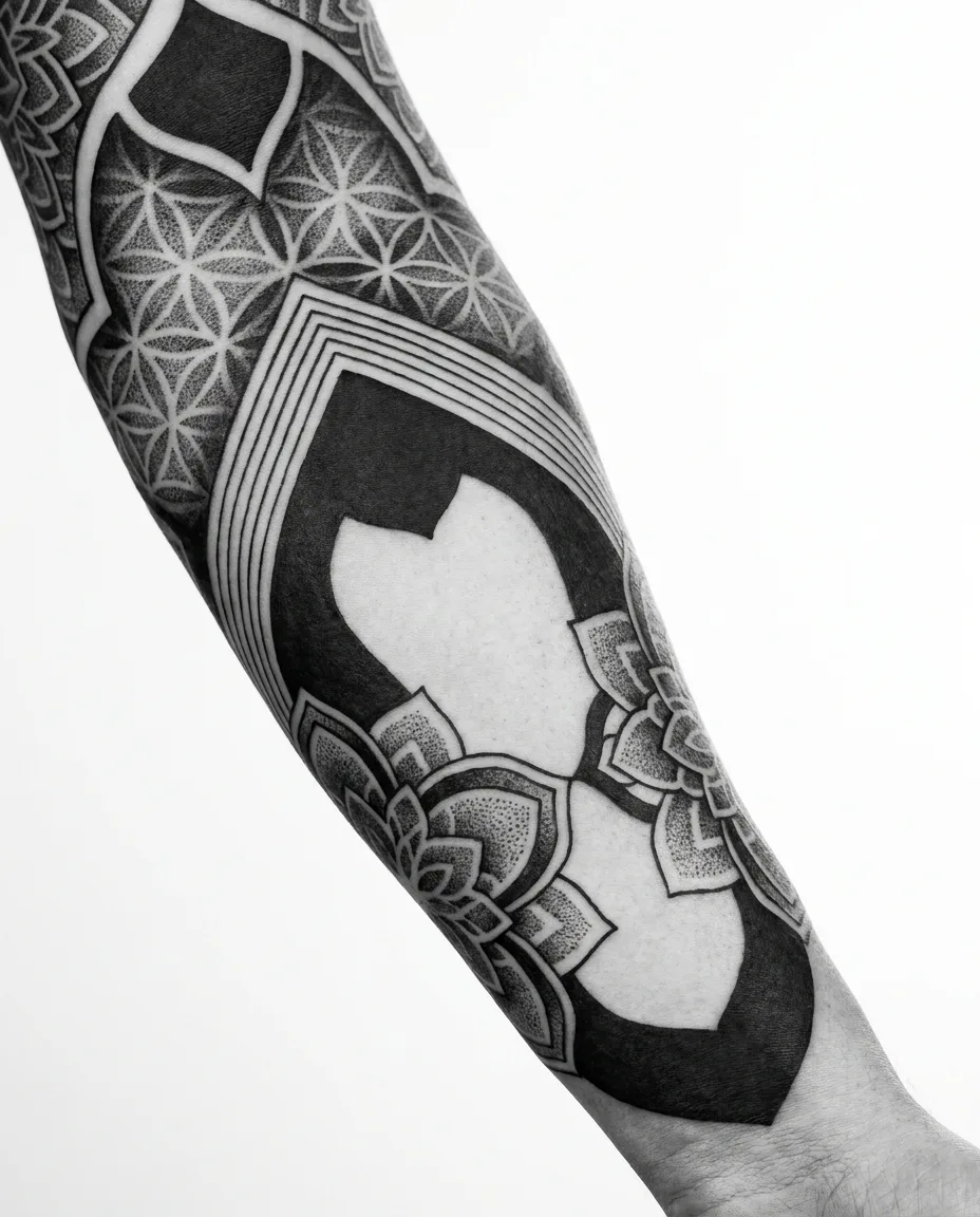 Geometric blackwork sleeve, flower-of-life and mandala forms in heavy solid black with negative space