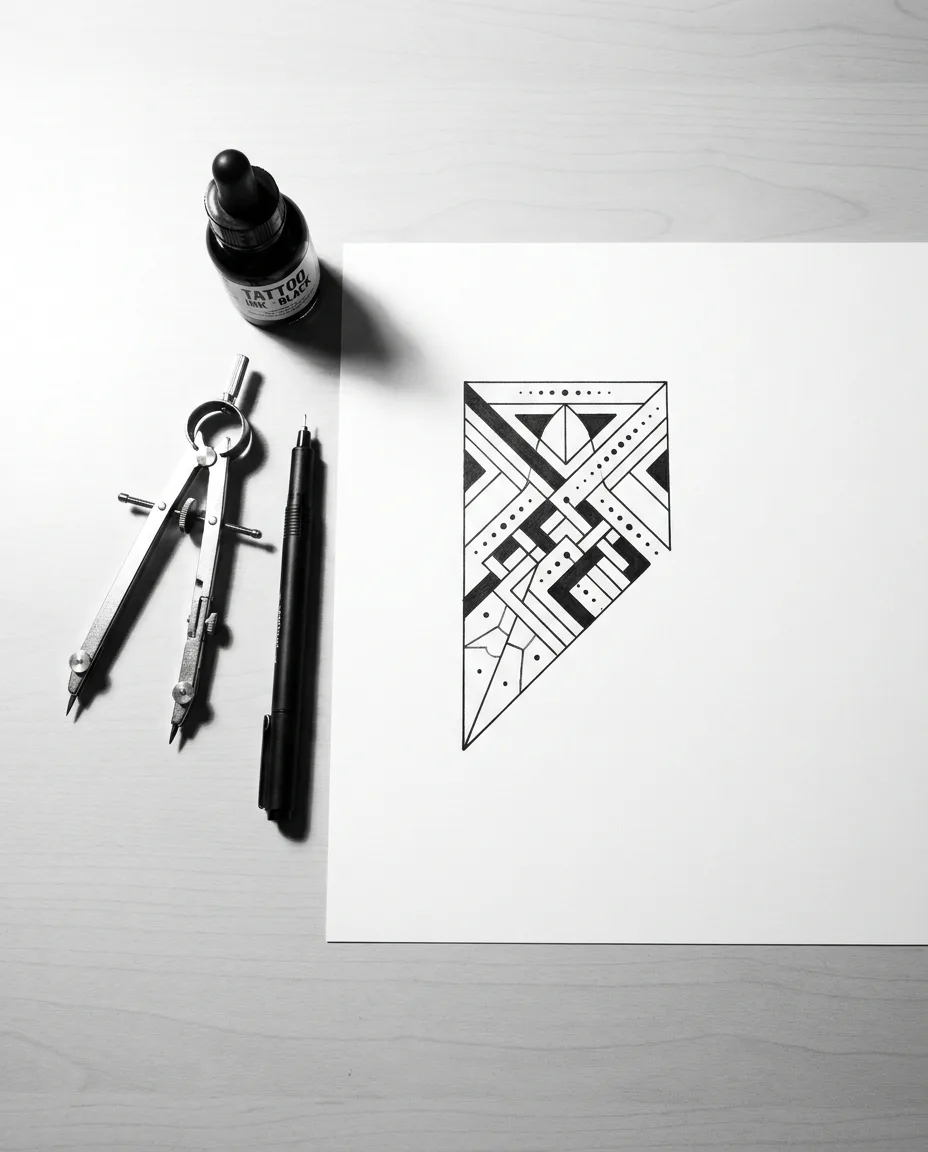 A drafting compass, black tattoo ink and a fine pen beside a geometric stencil drawn on paper